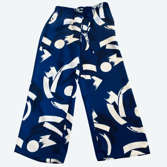 LRL Lauren Ralph Lauren Blue Cream Geometric Charmeuse Wide Leg Trouser Wm’s Sz - Picture 1 of 7